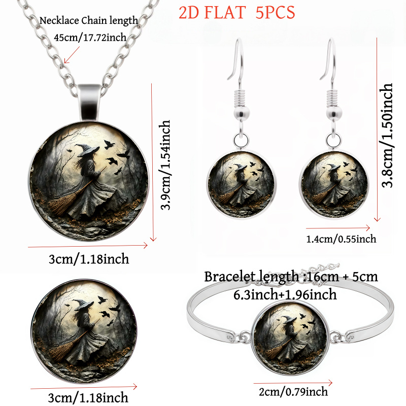5pc Halloween Witch & Crows Jewelry Set, Necklace Earrings Brooch Bracelet